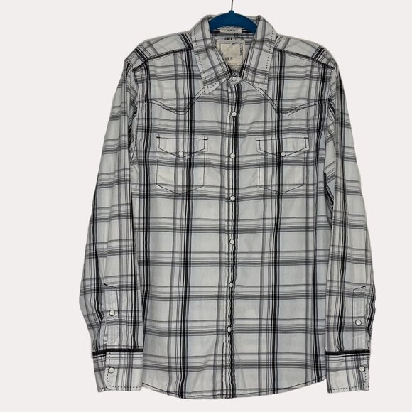 BKE Mens Slim Fit Pearl Snap Western Distressed Shirt Top Plaid L bv - Picture 1 of 8